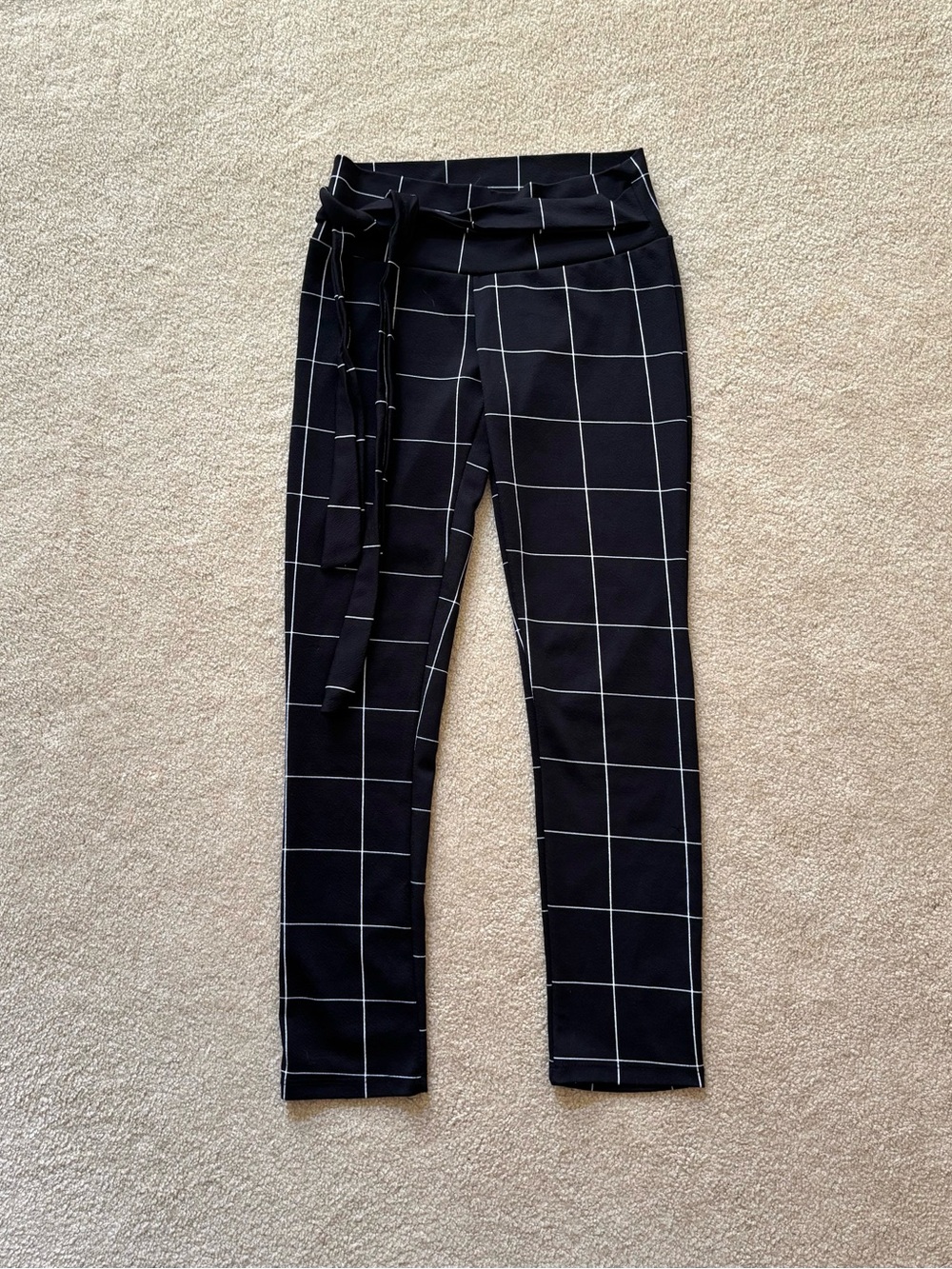 Business Casual Black White Checkerboard Pants with Side Tie Detail
